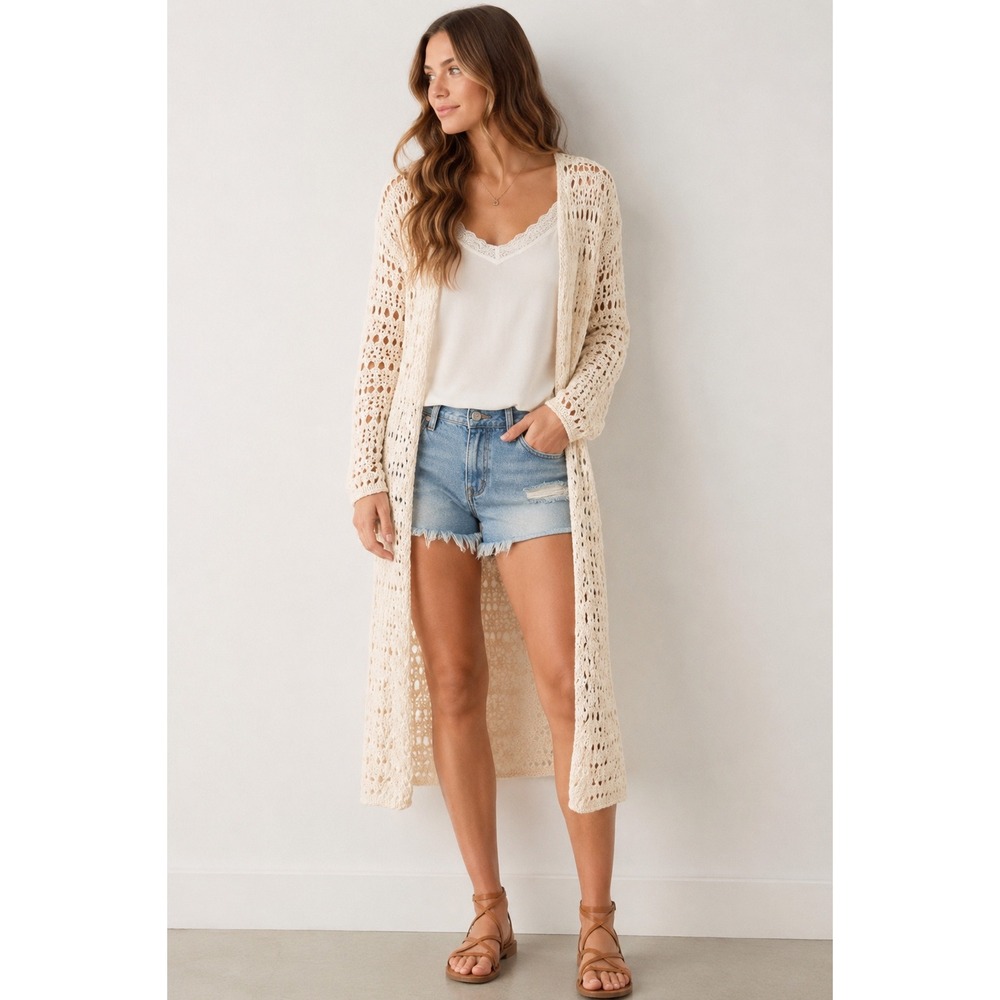 American Eagle Crochet Longline Duster Cardigan Cream Open Knit Boho Small 6748